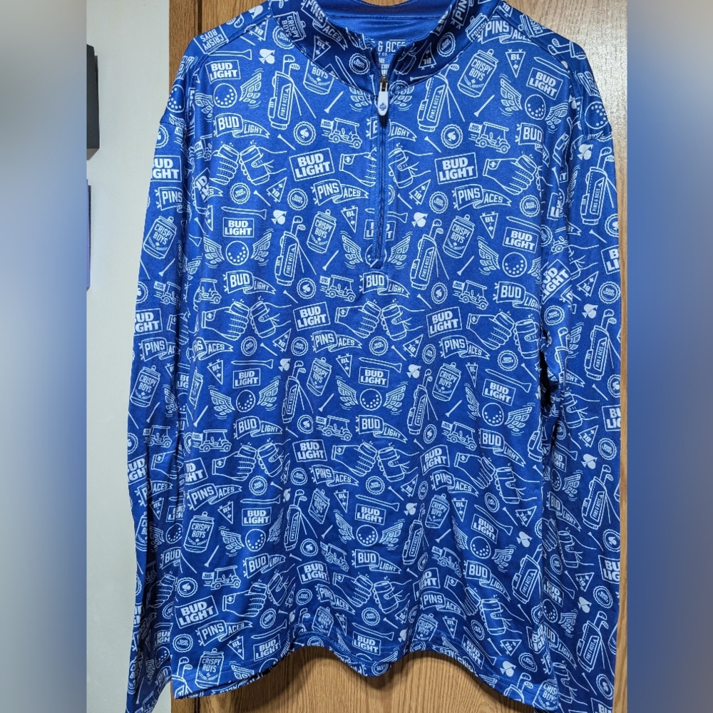 Pins And Aces Blue Bud Light Graphic Golf Pullover Large 1/4 Zip